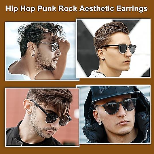 14mm Men's Titanium Steel Hoop Earrings Set - Black & Silver, Punk Rock Style V1237-ZY-203-1924