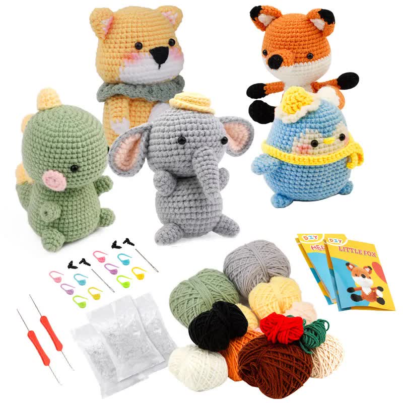 4-Piece DIY Crochet Kit for Animals with Hand Knitting Yarn, Needles, Plush Doll, Easy for Beginners, V1237-ZY-203-2157