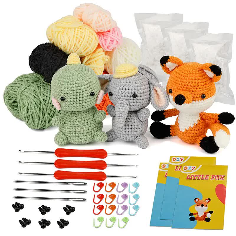 4-Piece DIY Crochet Kit for Animals with Hand Knitting Yarn, Needles, Plush Doll, Easy for Beginners, V1237-ZY-203-2157