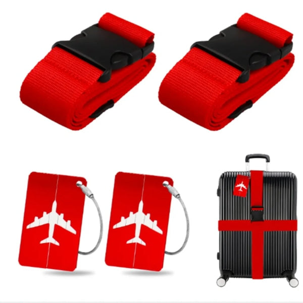 2-pack luggage strap with 2x metal luggage tag set red adjustable luggage strap luggage strap suitcase strap V1237-ZY-203-2226