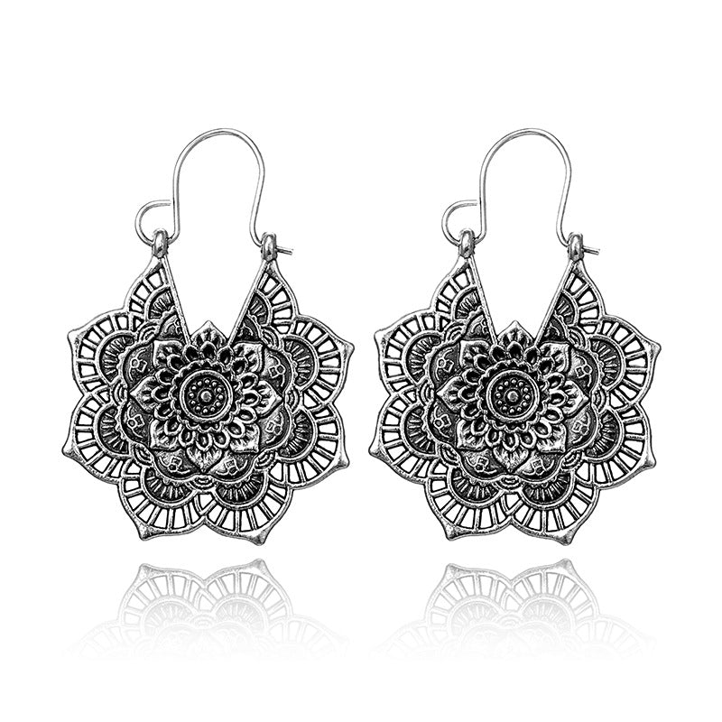 Vintage Silver Mandala Flower Dangle Earrings, Hanging Design V1237-ZY-203-2299