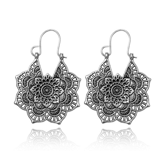 Vintage Silver Mandala Flower Dangle Earrings, Hanging Design V1237-ZY-203-2299