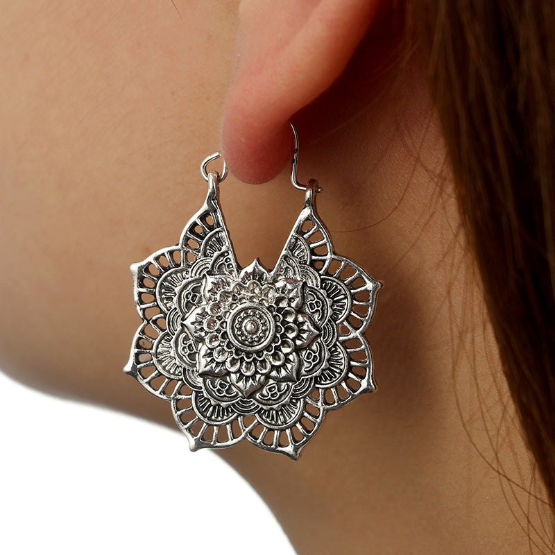 Vintage Silver Mandala Flower Dangle Earrings, Hanging Design V1237-ZY-203-2299