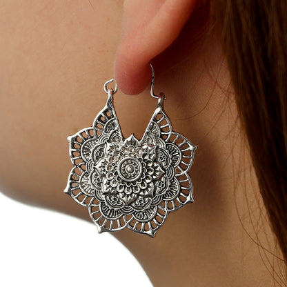Vintage Silver Mandala Flower Dangle Earrings, Hanging Design V1237-ZY-203-2299