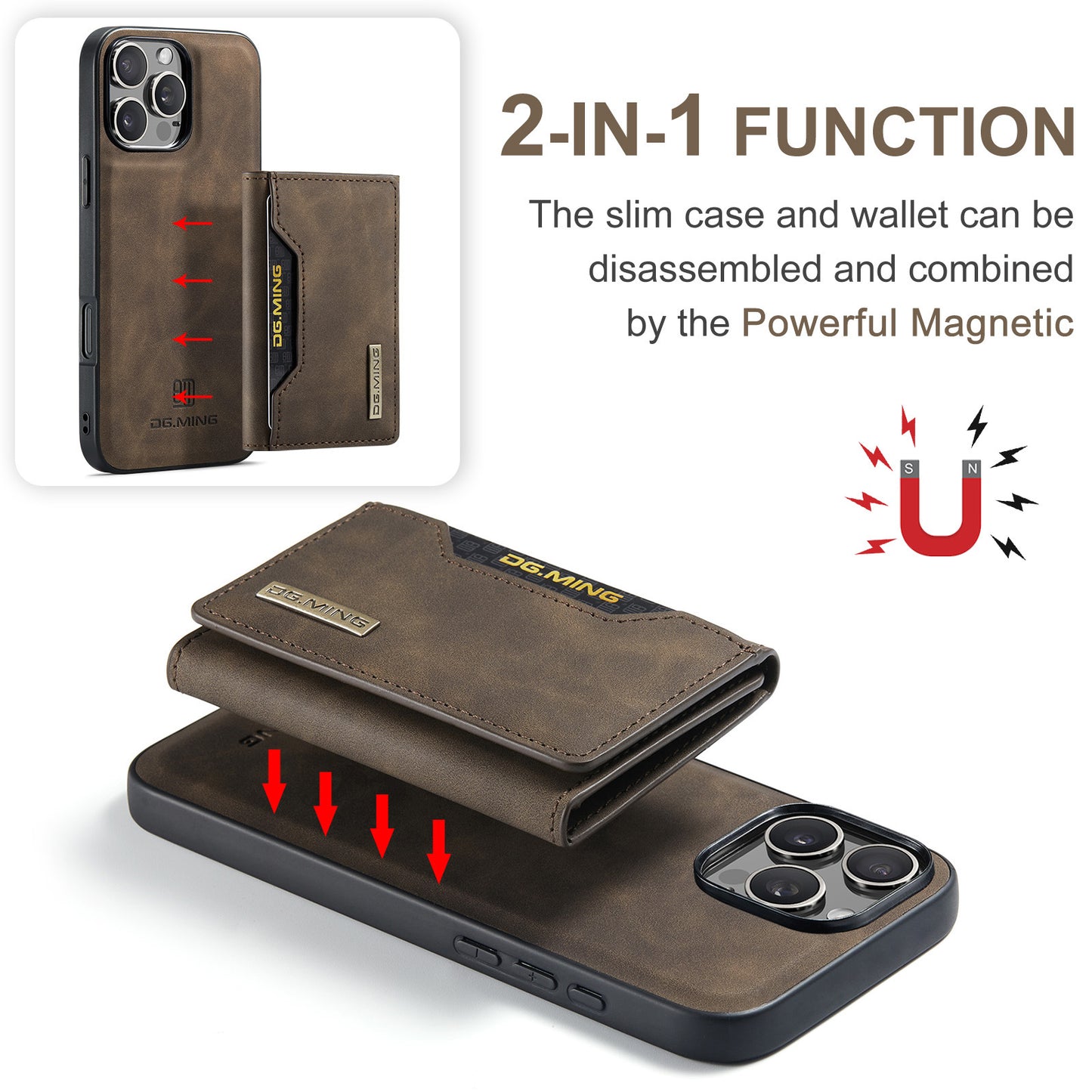 High-quality magnetic iPhone case with card pocket, magnetic split mobile phone case Combination-Coffee V1237-ZY-203-2376