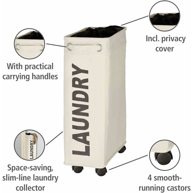 narrow laundry basket, laundry basket on wheels, Corno beige, Polyester, 43 l, 18.5 x 60 x 40 cm V1237-ZY-203-2637