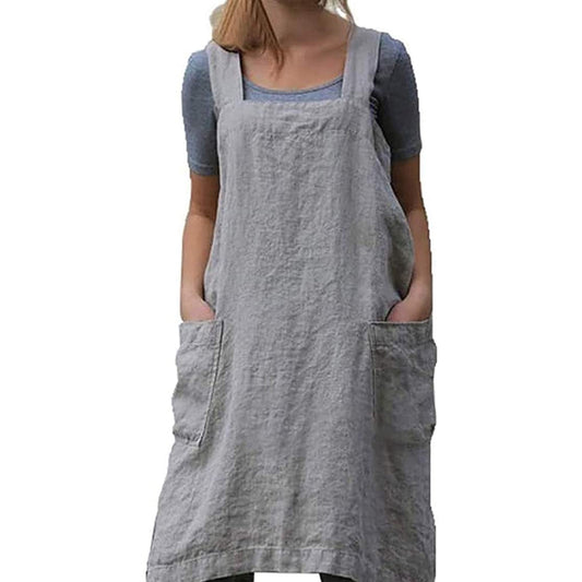 Women's Cotton and Linen Apron with Cross Back and Large Pocket, Gray, M V1237-ZY-203-2700