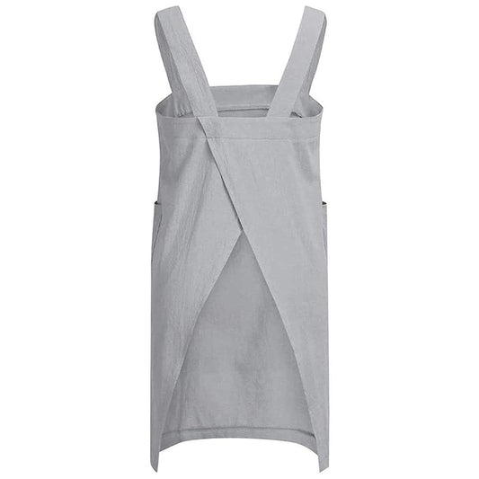 Women's Cotton and Linen Apron with Cross Back and Large Pocket, Gray, M V1237-ZY-203-2700