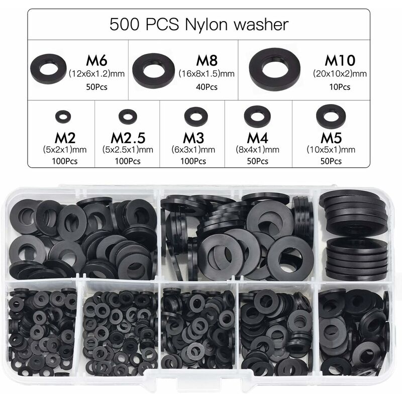 500pcs Black Plastic Washers Lock Washers Fasteners, Self-Locking Washer Assortment Mechanical Washer M2.5 M3 V1237-ZY-203-2718