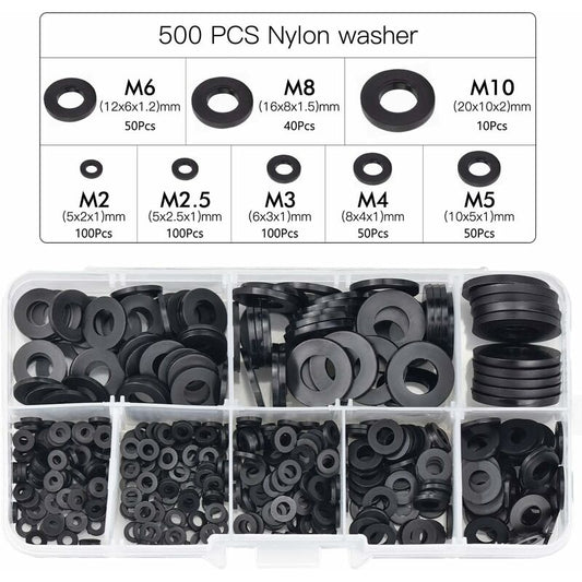 500pcs Black Plastic Washers Lock Washers Fasteners, Self-Locking Washer Assortment Mechanical Washer M2.5 M3 V1237-ZY-203-2718