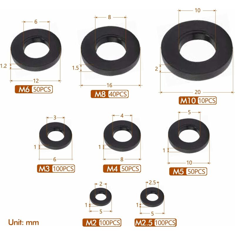 500pcs Black Plastic Washers Lock Washers Fasteners, Self-Locking Washer Assortment Mechanical Washer M2.5 M3 V1237-ZY-203-2718