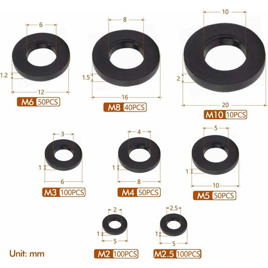 500pcs Black Plastic Washers Lock Washers Fasteners, Self-Locking Washer Assortment Mechanical Washer M2.5 M3 V1237-ZY-203-2718