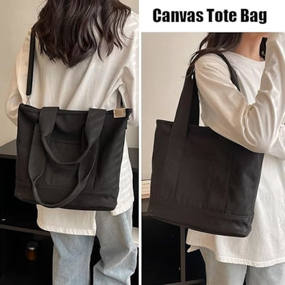 Handmade Canvas Bag with Compartments and Zipper, Versatile Shoulder Bag for Women, College, School, Work, V1237-ZY-203-2873