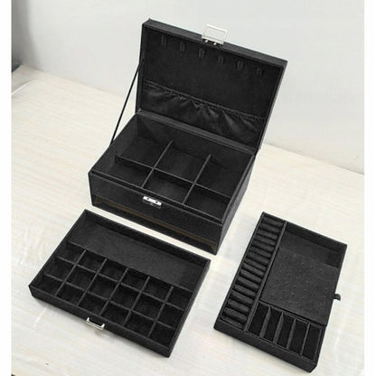 Black Jewelry Box with Key Lock and Multiple Compartments Black-yux V1237-ZY-203-2922