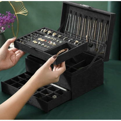 Black Jewelry Box with Key Lock and Multiple Compartments Black-yux V1237-ZY-203-2922