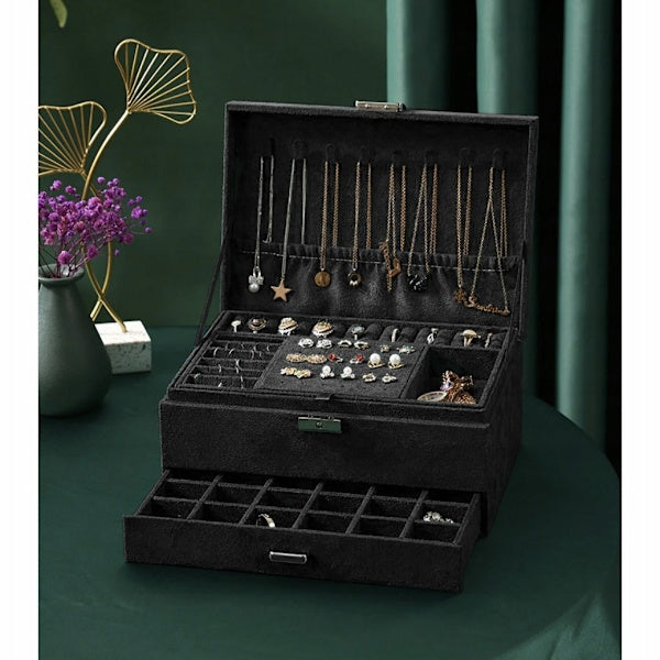 Black Jewelry Box with Key Lock and Multiple Compartments Black-yux V1237-ZY-203-2922