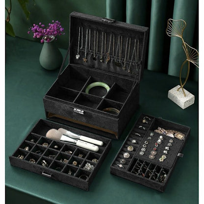 Black Jewelry Box with Key Lock and Multiple Compartments Black-yux V1237-ZY-203-2922