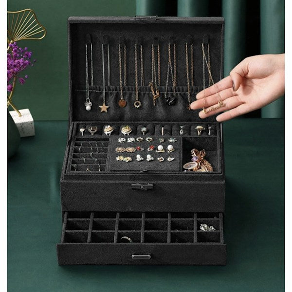 Black Jewelry Box with Key Lock and Multiple Compartments Black-yux V1237-ZY-203-2922