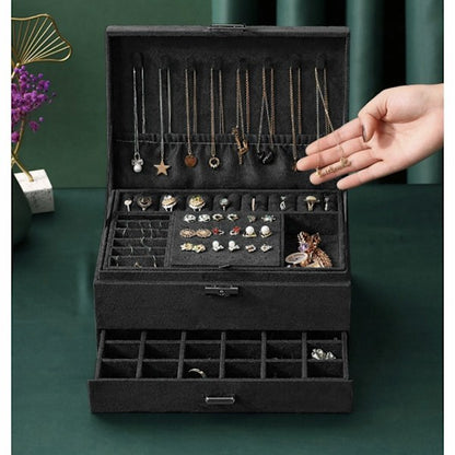 Black Jewelry Box with Key Lock and Multiple Compartments Black-yux V1237-ZY-203-2922