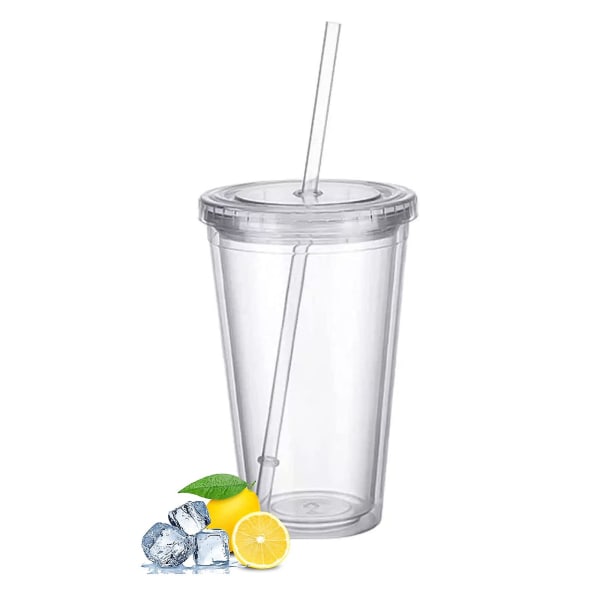 Reusable Plastic Cups Double Walled Transparent Drinking Cup with Straw Reusable Cups Suitable for Fruit V1237-ZY-203-2926