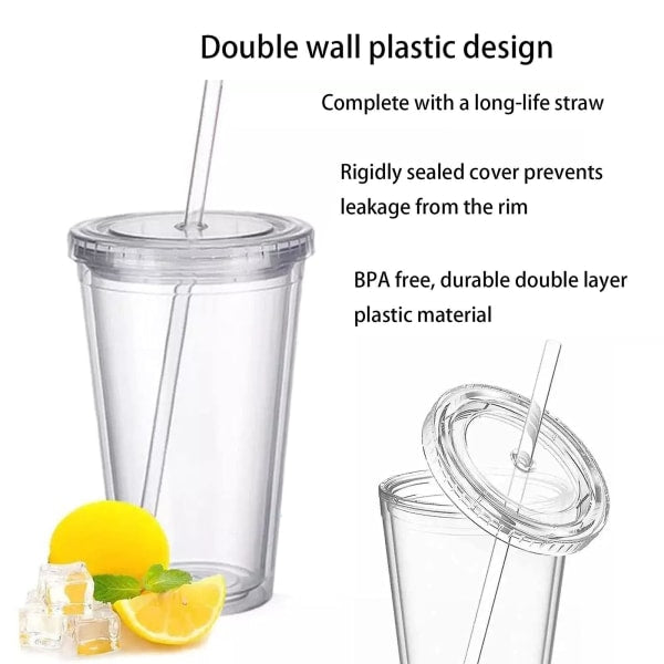 Reusable Plastic Cups Double Walled Transparent Drinking Cup with Straw Reusable Cups Suitable for Fruit V1237-ZY-203-2926