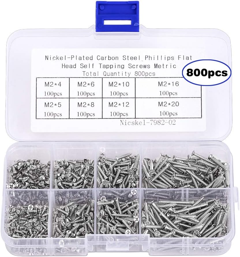 800pcs Small M2 Self Tapping Screws Assortment Box, Countersunk Phillips Flat Head Wood Screws (M2-4mm 5mm V1237-ZY-203-2979