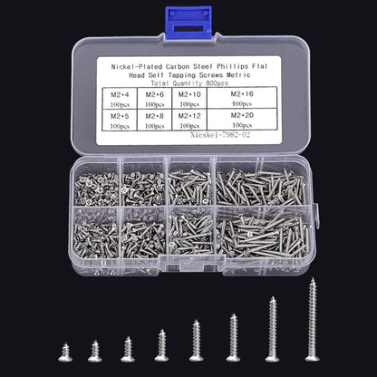 800pcs Small M2 Self Tapping Screws Assortment Box, Countersunk Phillips Flat Head Wood Screws (M2-4mm 5mm V1237-ZY-203-2979