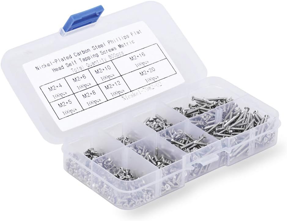 800pcs Small M2 Self Tapping Screws Assortment Box, Countersunk Phillips Flat Head Wood Screws (M2-4mm 5mm V1237-ZY-203-2979