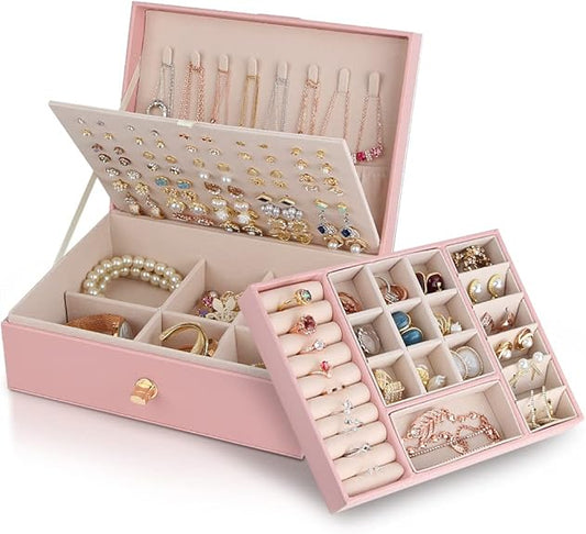 Jewelry Box for Storing Necklaces, Earrings, Bracelets and Rings, Large PU Leather with 3 Layers Stackable V1237-ZY-203-2994