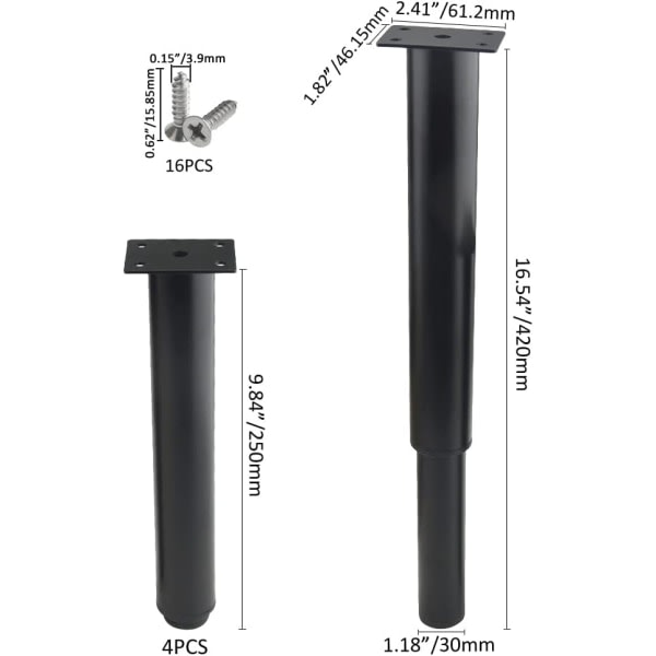 (25-42 cm, black) Set of 4 sturdy adjustable metal furniture legs V1237-ZY-203-2998