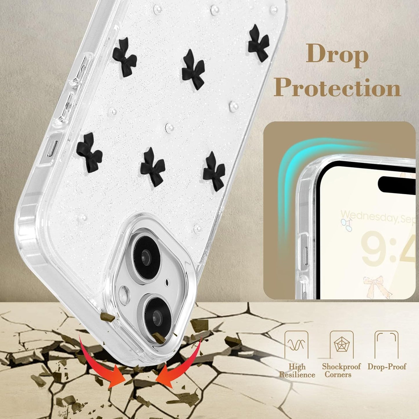 Compatible with iPhone 15 Plus, Bling Glitter 3D Bowknot Phone Case Cute Sparkly Crystal Clear Bowknot Slim V1237-ZY-203-3078