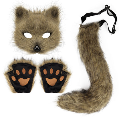 Artificial Fur Fox Tail Cat Werewolf Cosplay Costume Set Plush Mask Fluffy Paws Gloves Halloween Christmas V1237-ZY-203-3153