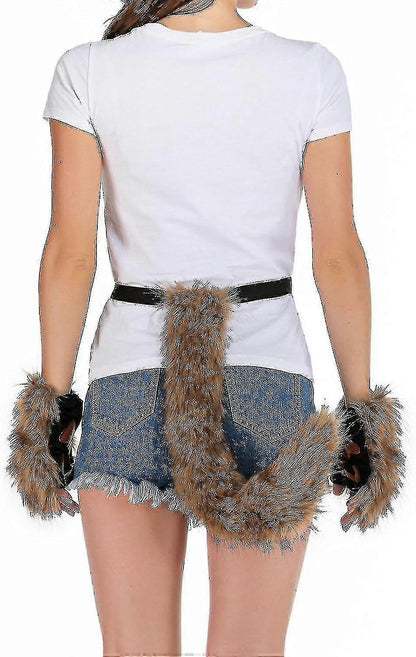 Artificial Fur Fox Tail Cat Werewolf Cosplay Costume Set Plush Mask Fluffy Paws Gloves Halloween Christmas V1237-ZY-203-3153