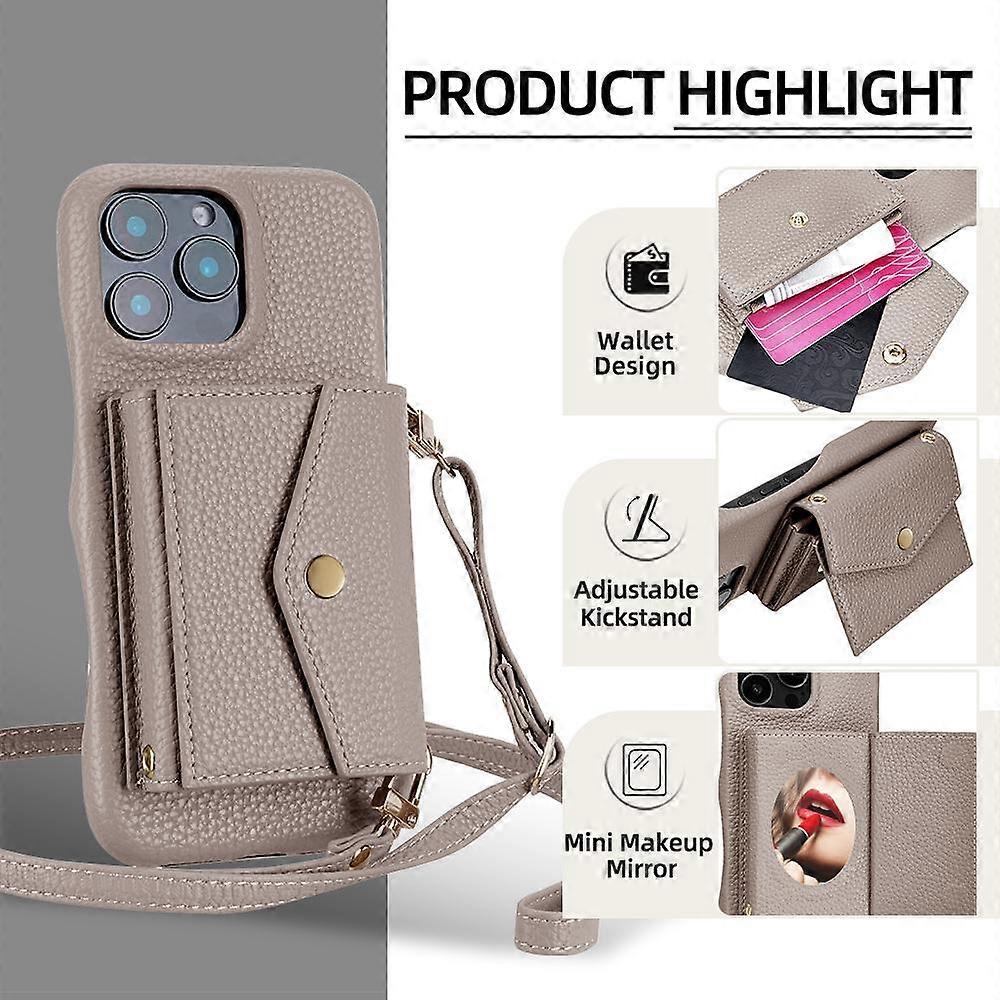 Horizontal Card Pocket Phone Case in Litchi Texture with Long Cord Grey Grey For iPhone 14 Pro V1237-ZY-203-3181