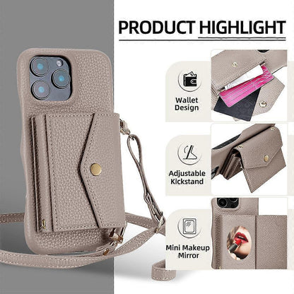 Horizontal Card Pocket Phone Case in Litchi Texture with Long Cord Grey Grey For iPhone 14 Pro V1237-ZY-203-3181