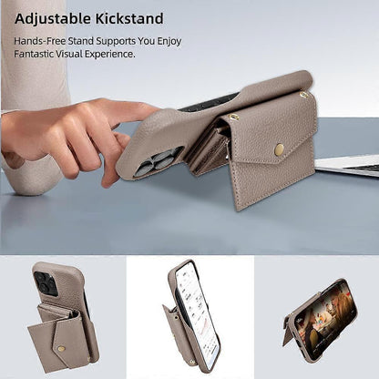 Horizontal Card Pocket Phone Case in Litchi Texture with Long Cord Grey Grey For iPhone 14 Pro V1237-ZY-203-3181