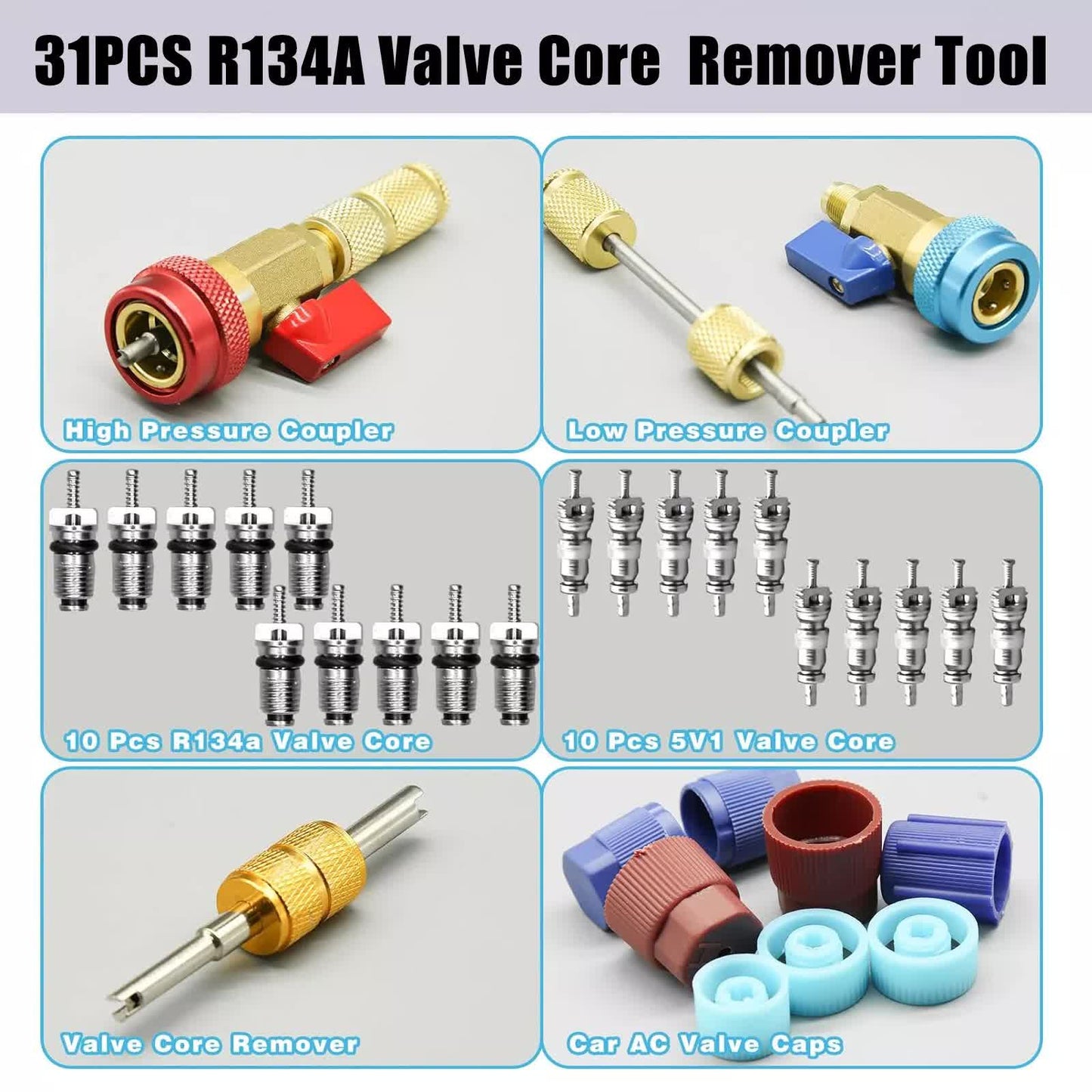 Professional Car AC Repair Kit, Schrader Valve Core Removal Tool with Quick Release for High and Low Pressure V1237-ZY-203-3189