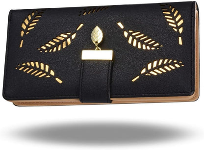 Women's Large Capacity Long Wallet, Hollow Leaf Wallet, Black V1237-ZY-203-3198
