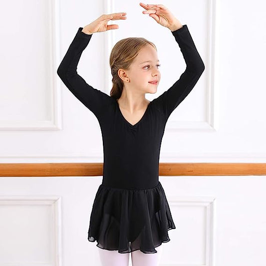 Ballet dress for girls with long sleeves and tulle skirt in black Black_jarx Black 130 cm V1237-ZY-203-3250