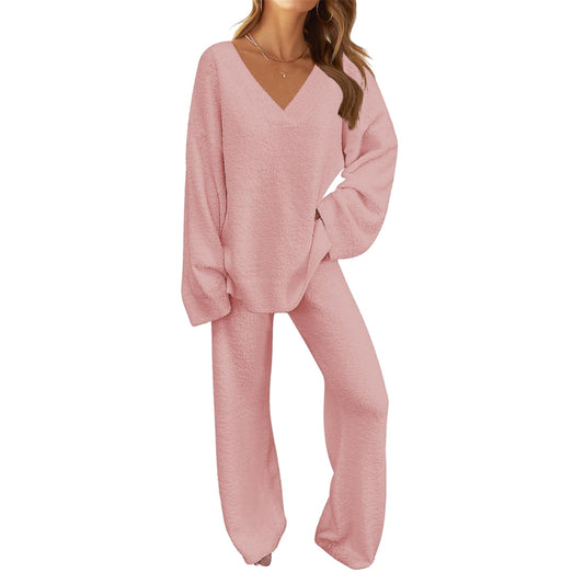 Women's 2-Piece Set Fuzzy Fleece Pajamas Set Long Sleeve Loungewear Pink Pink M V1237-ZY-203-3318