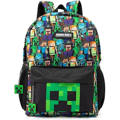 Minecraft Backpack for Boys | Black School Bag for Kids | Green Creeper Zombie Skeleton Enderman & Cave V1237-ZY-203-3355