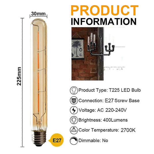 5-pack T225 Long Tube Bulbs, LED Edison Filament, 4W E27 Socket Warm White, Yellow Glass for Decorative Light V1237-ZY-203-3401