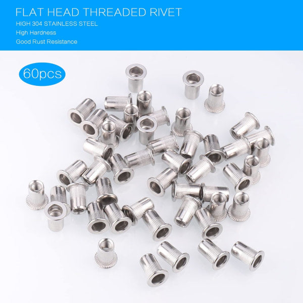 60pcs 304 Stainless Steel Rivet Nut M8 Flat Head Blind Nut Threaded Rivet Nut Rivet Nut for Threaded Insert V1237-ZY-203-3493