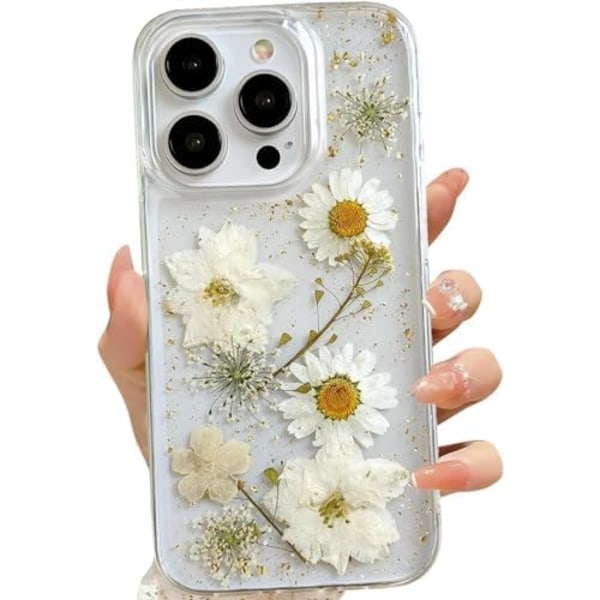 Transparent Case with Design of Pressed Real Flowers, Glitter Cute White Floral Pattern Slim Soft TPU V1237-ZY-203-3510