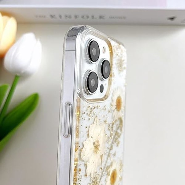 Transparent Case with Design of Pressed Real Flowers, Glitter Cute White Floral Pattern Slim Soft TPU V1237-ZY-203-3510