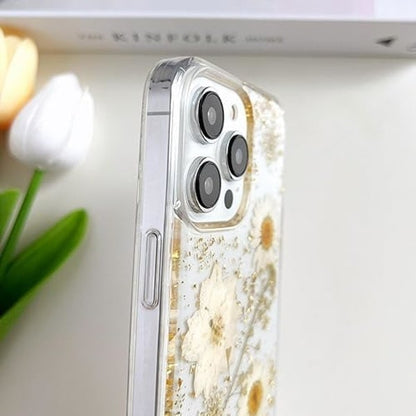Transparent Case with Design of Pressed Real Flowers, Glitter Cute White Floral Pattern Slim Soft TPU V1237-ZY-203-3510
