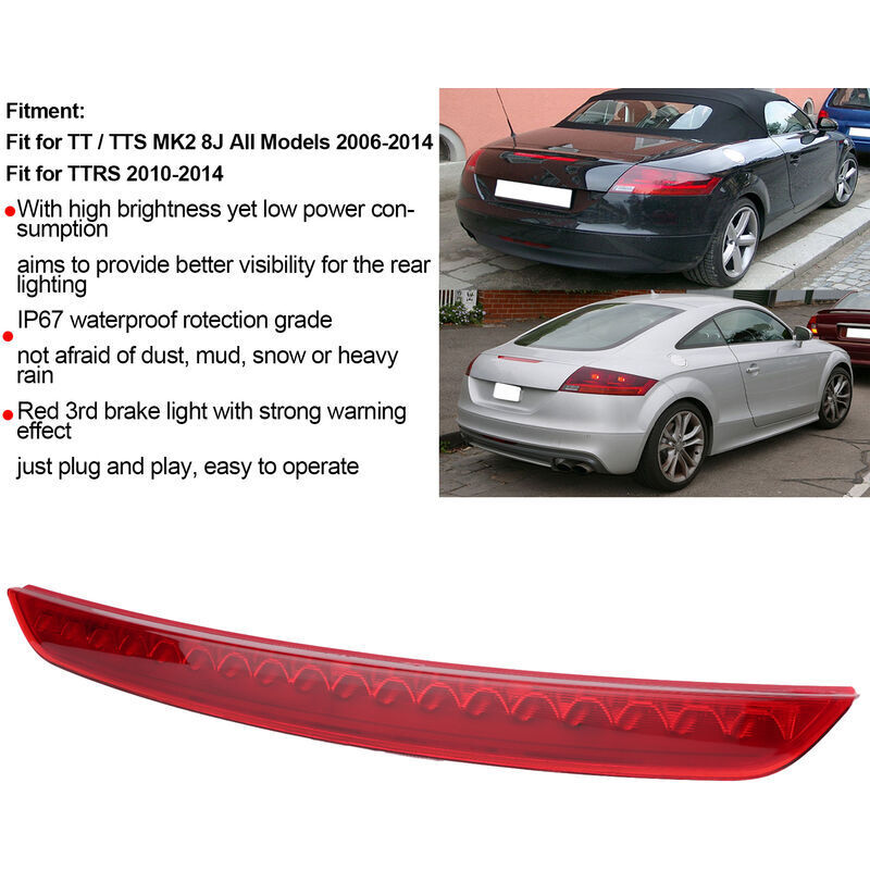 Fits TT/TTS MK2 8J All Models 2006-2014 Rear Third Brake Light High Mounted Brake Light 8J0945097, DEBUNS V1237-ZY-203-3515