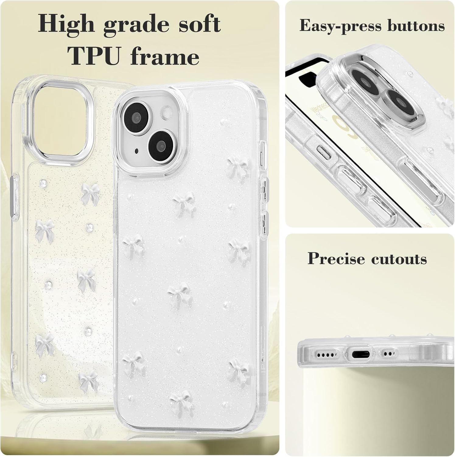 Compatible with iPhone 15 Plus, Bling Glitter 3D Bowknot Phone Case Cute Sparkly Crystal Clear Bowknot Slim V1237-ZY-203-3533
