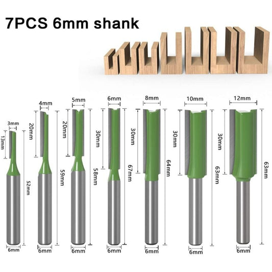 6mm Straight Router Bit Set, 7 Pieces Woodworking Carbide Straight Groove Router Bits for Wood, Compatible V1237-ZY-203-3542