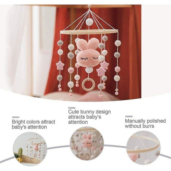 Baby with Felt Ball Hanging Nursery Rabbit Wind Chime Crib Mobile (White) V1237-ZY-203-3589